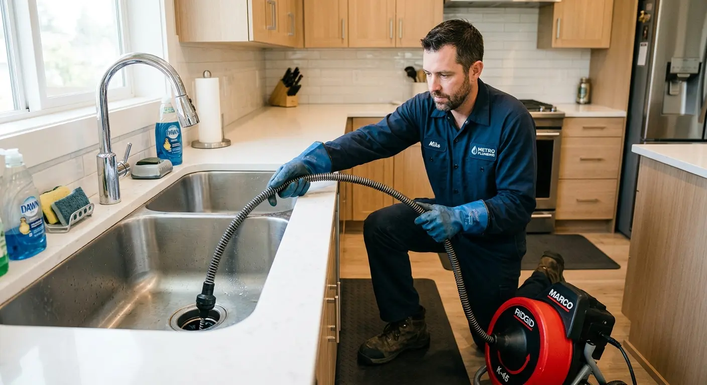 Drain cleaning technician using a motorized snake on a kitchen sink in Brookhaven
