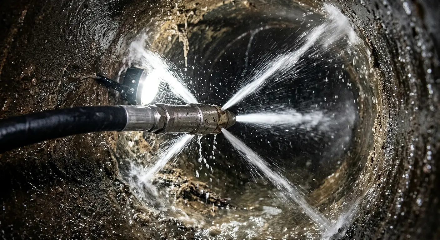 High-pressure hydro jetting nozzle cleaning sewer pipe for Trenchless Sewer Repair in Brookhaven