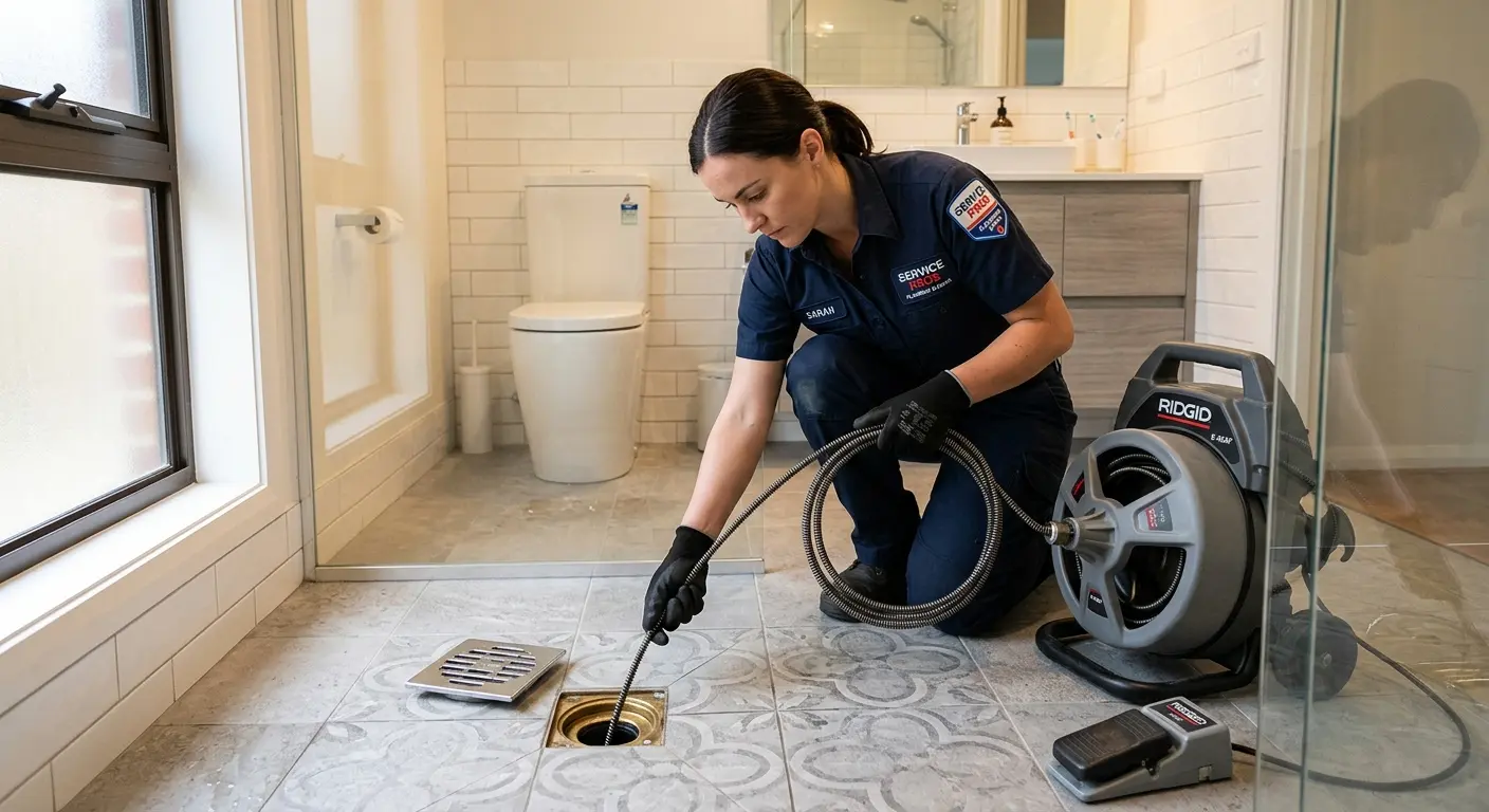 Technician clearing a bathroom floor drain for Sewer Line Installation in Brookhaven